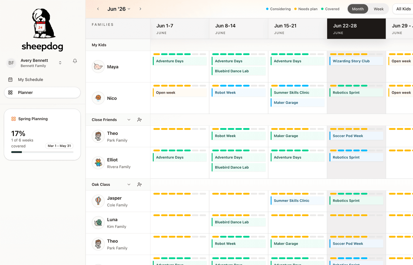 planner grid showing private family coordination
